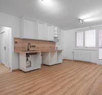 Kitchen unit in a studio apartment with white cabinets and a wood-patterned floor.