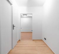 A bright white hallway with a wood-patterned floor in a studio apartment.
