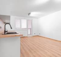 Living room in a studio apartment with a wood-patterned floor and built-in kitchen unit.