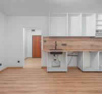 An empty kitchen unit with wood-decor flooring in a studio apartment.