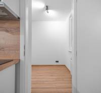 Interior of a 1-room apartment with white walls and a floor with a wood decor.