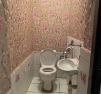A toilet with pink floral wallpaper and white tiles in a family house.