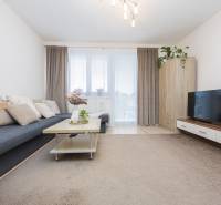 Living room in a two-room apartment with a sofa and a television, floor with wooden decor.