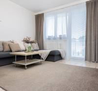 Living room with a large sofa, carpet, table, and curtains in a 2-room apartment.