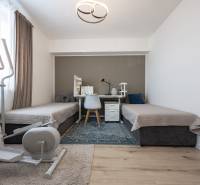 A bedroom in a 2-room apartment with two beds, a desk, and an exercise bike.