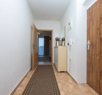 Hallway in a 2-room apartment with tiles, carpet, and a chest of drawers.