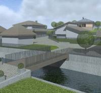 Visualization of residential plots in Dlhé Pole with a water canal and modern architecture.