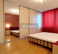 A bedroom with red curtains, a built-in wardrobe, and a double bed in a two-room apartment.