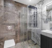 Bathroom with stone cladding, shower enclosure, and sink in a family house.
