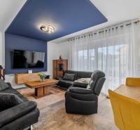 Living room with a black sofa, blue ceiling, and wood-patterned floor in a family house.