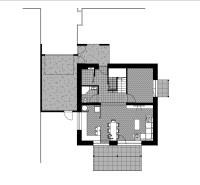 Floor plan of a family house with an entrance hall, kitchen, dining room, living room, and bathroom.
