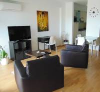Living room in a studio apartment with wood-patterned flooring, television, and armchairs.