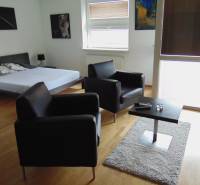 Living space of a studio apartment with leather armchairs and a bed, floor with wood decor.