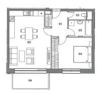 Apartment layout with living room, kitchen, bathroom, bedroom, and terrace.