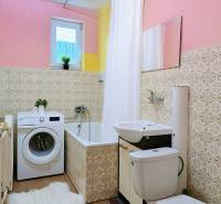 Bathroom in a family house with a sink, washing machine, and bathtub, decorative tiles on the walls.