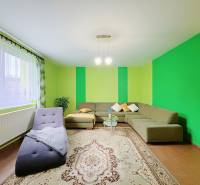 Living room in a family house with green walls and a sofa on a floor with a wooden decor.