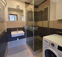 Bathroom in a 2-room apartment with a shower and a washing machine, floor with wood decor.