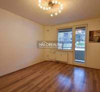 A room in a 2-room apartment with a wooden decor floor and balcony doors.