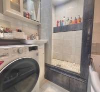 A bathroom in a 3-room apartment with a shower, sink, and washing machine with modern equipment.