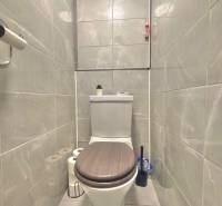 A toilet with light tiles in a 3-room apartment, fresh design with accessories.