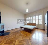 Interior of a 3-room apartment with a bed, fireplace, and wooden decor flooring.