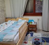 Children's room in a family house with a bed, a carpet with a pirate motif, and curtains.
