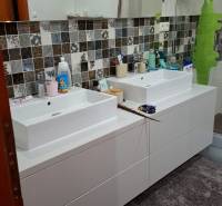 A bathroom in a family house with a double sink, colorful tiles, and a carpet.