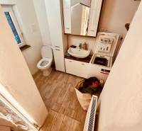 Bathroom with a mirror, washing machine, and wooden decor flooring in a cottage.