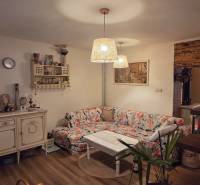 Family house, cozy living room, floral sofa, decorative shelves, wooden decor flooring.