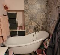 A bathroom in a family house with a freestanding bathtub and patterned tiles on the wall.