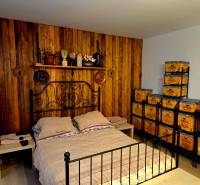 A bedroom in a family house with wooden paneling, a metal bed, and storage boxes.