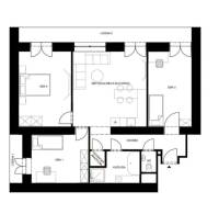 Floor plan of a 4-room apartment with an entrance hallway, kitchen, three rooms, and two loggias.