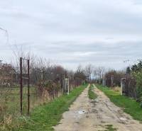 The rural road in Drahovce leading through the Recreational plots, lined with fences and vegetation.
