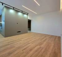 A room with a wooden decor floor, lighting, and a kitchen area in a 3-room apartment.