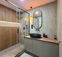 A bathroom in a 3-room apartment with a minimalist design, a sink, and a shower.