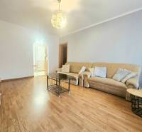 Living room in a 3-room apartment with a beige sofa and a wooden decor floor.