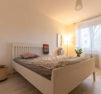 Bedroom in a 2-room apartment with a bed and a wooden decor floor.