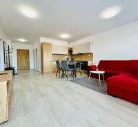 Living room with a red sofa, kitchen, and wood-patterned flooring in a three-room apartment.