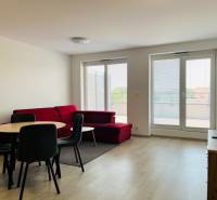 Living room in a 3-room apartment with a wooden decor floor and a red sofa.