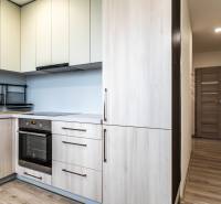 A kitchen in a 2-room apartment with a wooden decor floor and light cabinets.