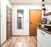 A hallway in a 2-room apartment with a wooden decor floor and decorations.