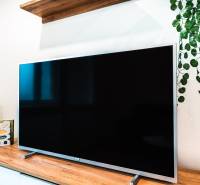 A television on a cabinet with a wooden floor decor and greenery in a 2-room apartment.