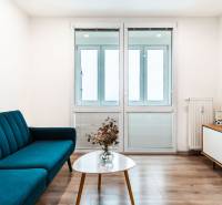 Living room in a two-room apartment with a sofa, television, and wooden decor flooring.