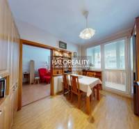 Dining room with kitchen in a two-room apartment. Floor with wood decor, spacious windows.
