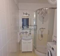 The bathroom of a three-room apartment with a corner shower and a washing machine.