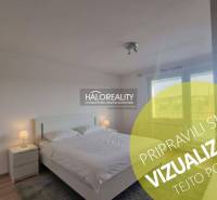 Bedroom in a 3-room apartment with a double bed, night lamps, and a floor with a wooden decor.