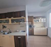 A kitchen in a 3-room apartment with dark cabinets and tiles, bright environment.