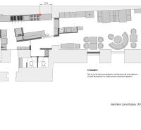 Gastro space plan with kitchen, bar, and restrooms, marked gas line.