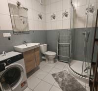A bathroom in a 3-room apartment with a washing machine, shower corner, and ceramic tiles.
