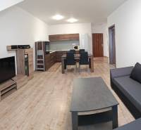Living room in a three-room apartment with a wooden decor floor, kitchenette, and sofa.